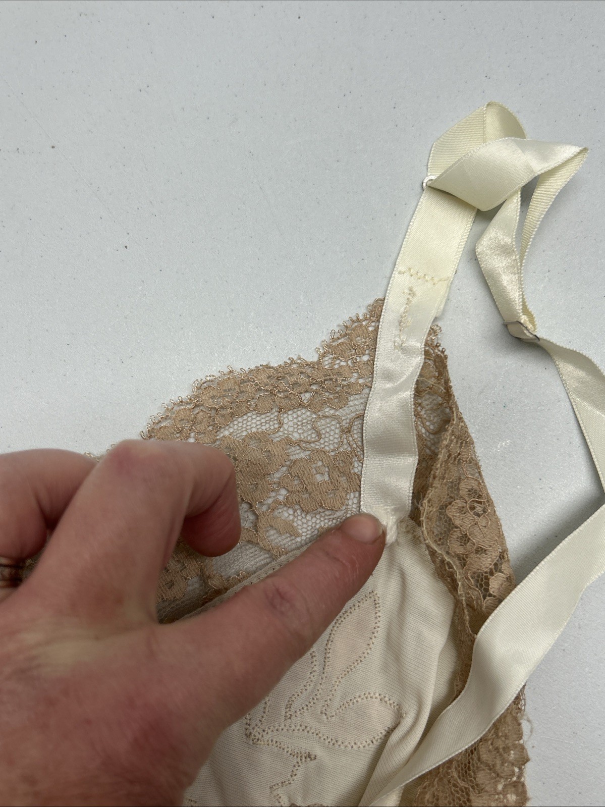 Vintage Top Form Slip Dress Nightie Cream Tan Lace Sz 34 Embroidered S3