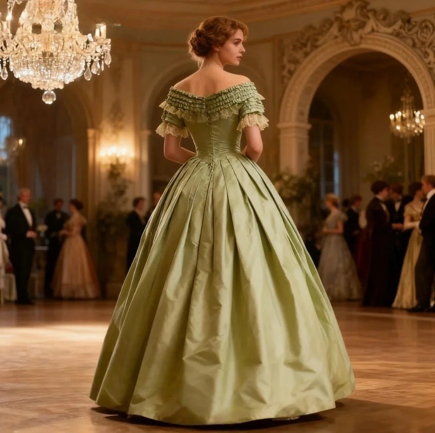 1860s Historical Prom Dress Civil War Lace Short Sleeves Sage Satin Ball Gown
