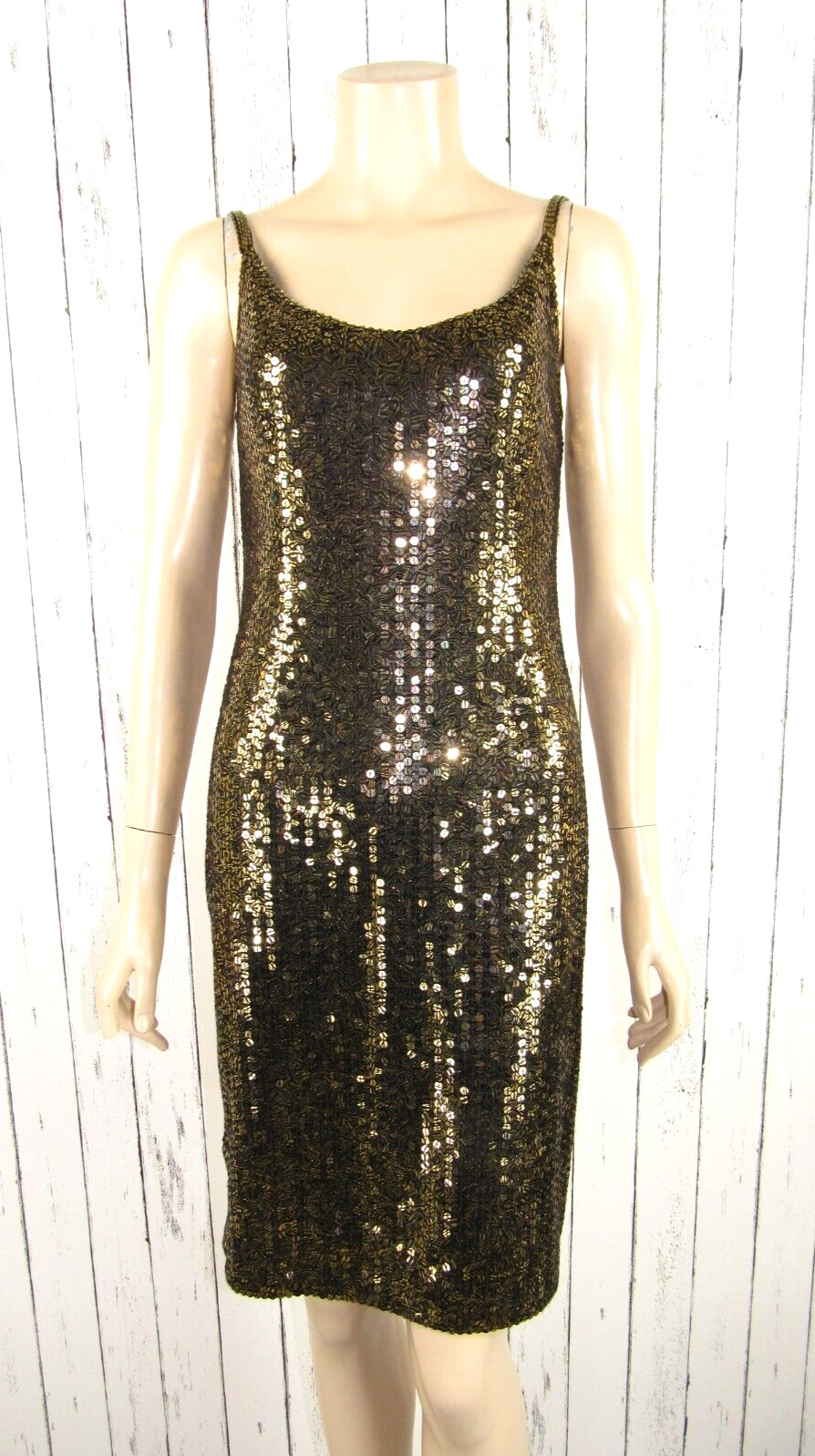 Vintage 80s 90s BLACK TIE Black Gold Sequin Beaded Slip Dress Mini Party Prom M