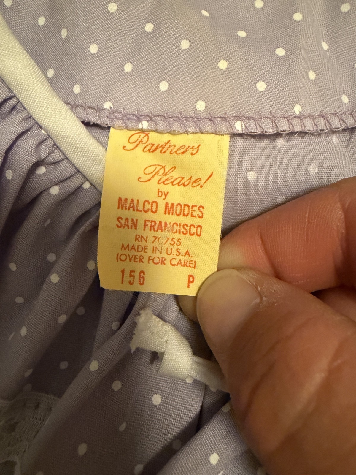 Vintage Malco Modes Partner’s Please Prairie Blouse Lavender Polka Dot USA 15/16