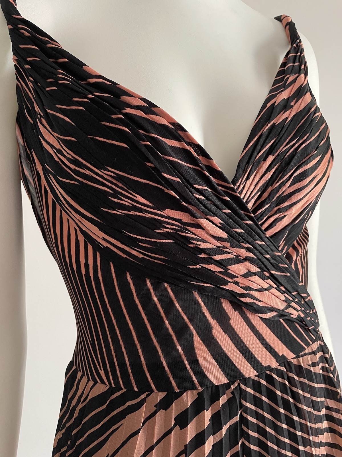 Vintage S/S 2000 Gianni Versace Pleated Black Orange Plunge V Dress Bodysuit XS