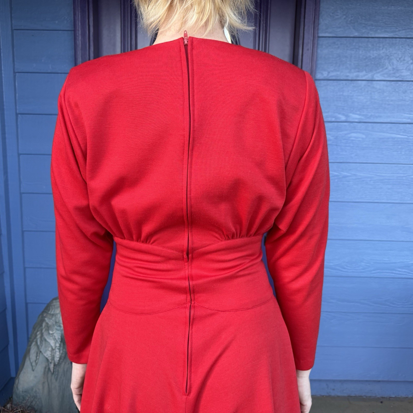 Red Studio E vintage 80s 90s Midi dress long sleeves Size Small Holiday Party