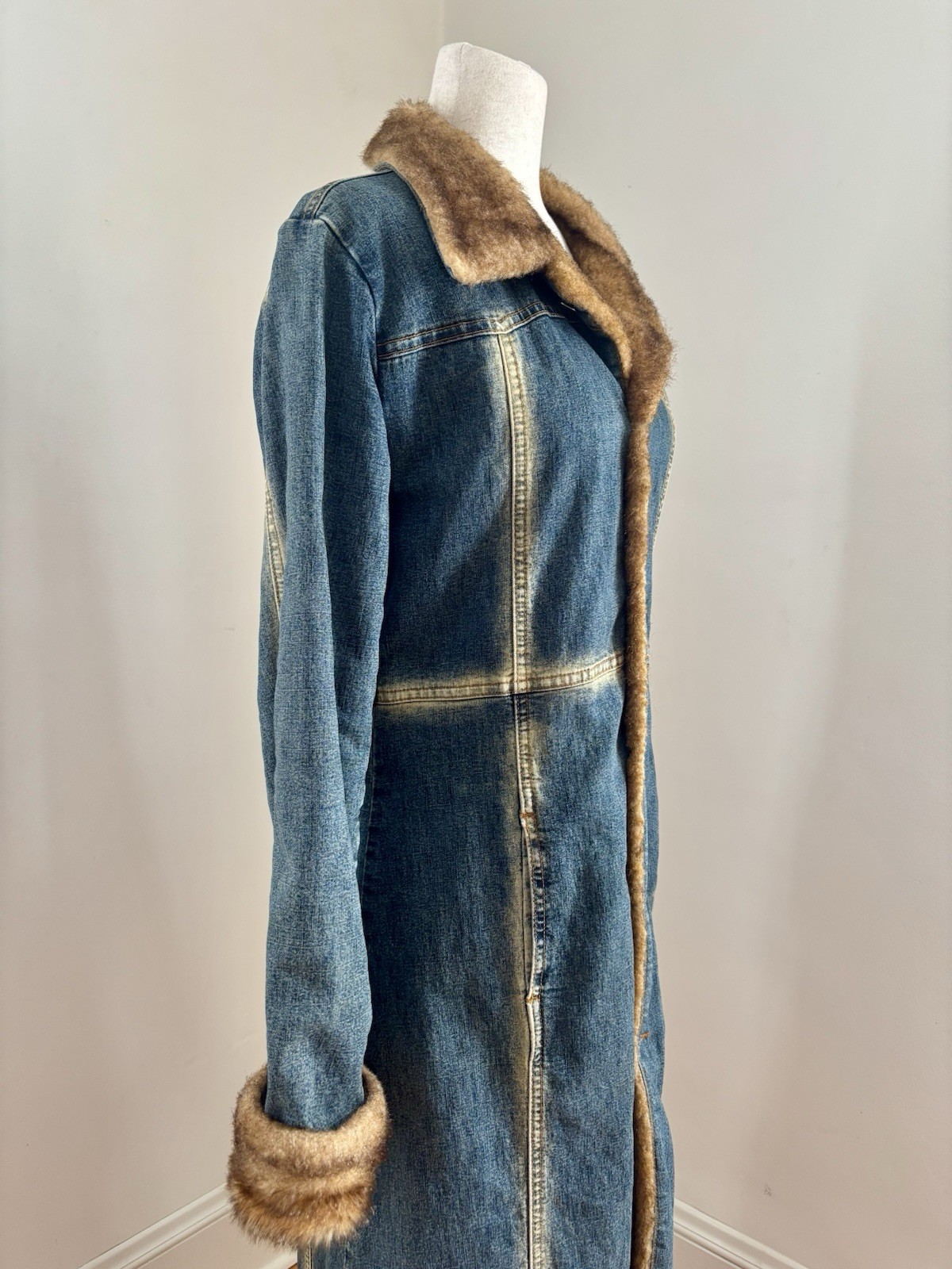 Vintage 00s Denim Coat, Faux Fur Trim, Longline Jean Jacket – S/M