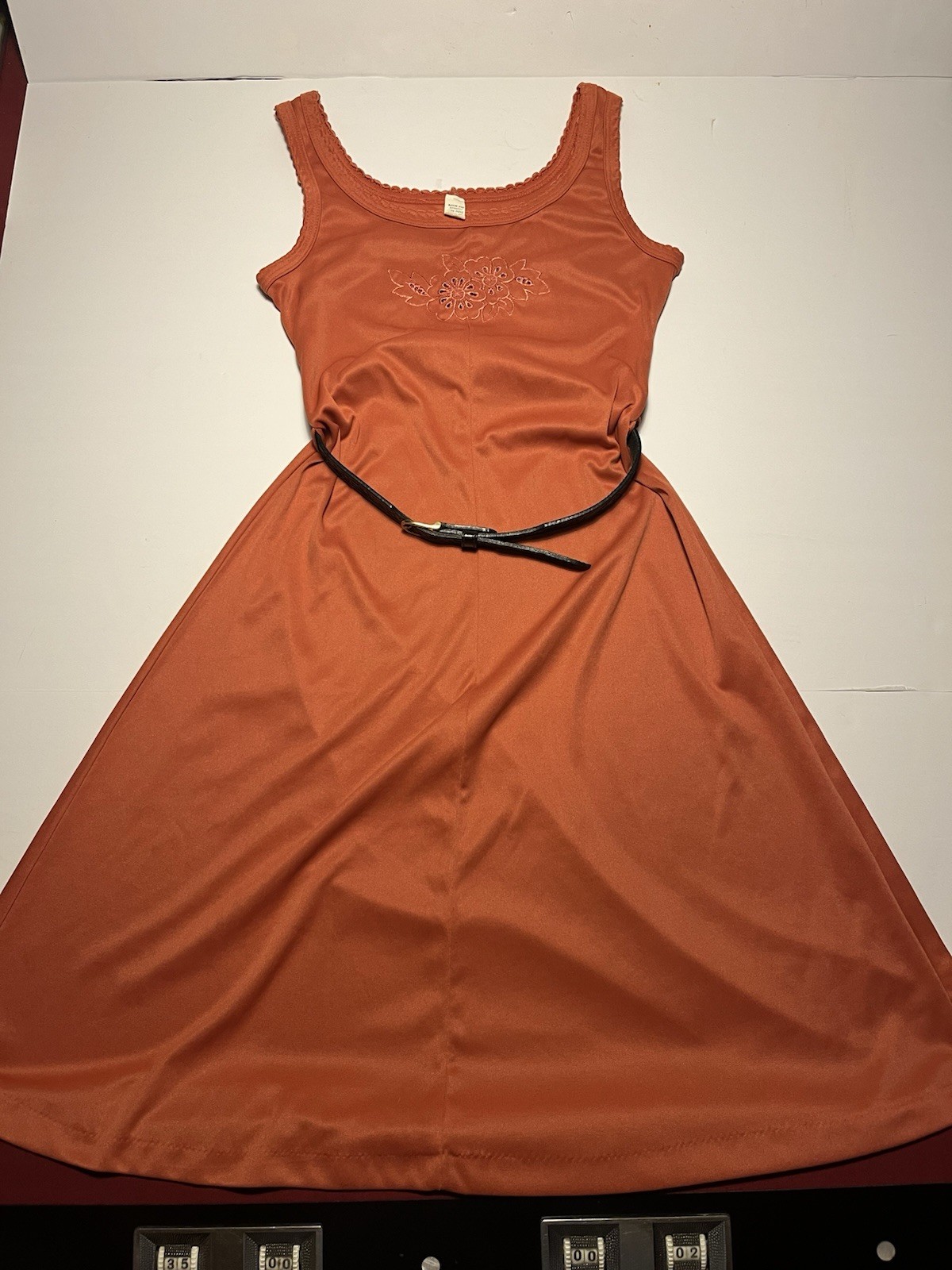 Vintage 60s 70s Size S/M Polyester Orange Dress Leather Belt