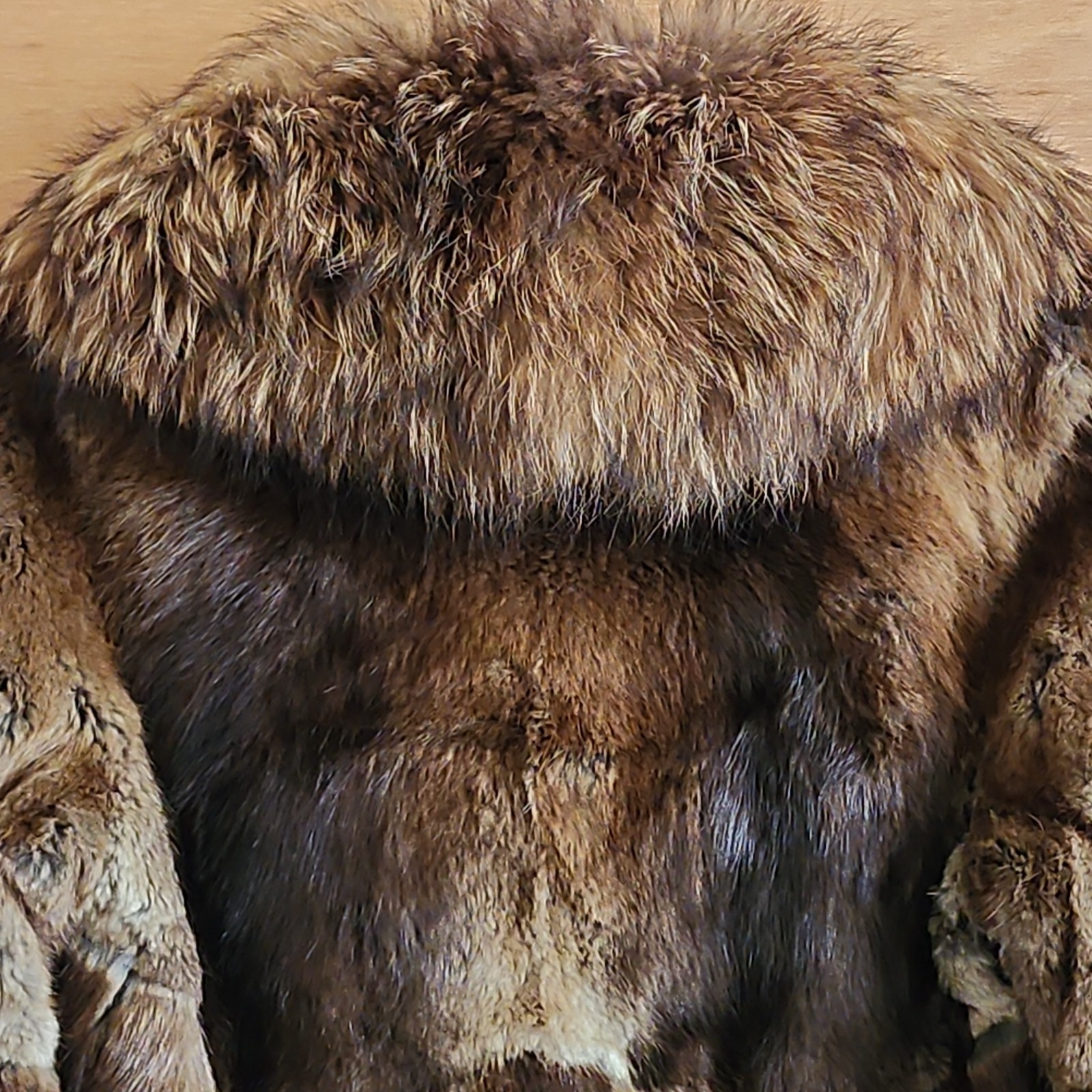 Vintage Rabbit Fur Coat w/ Raccoon Fur Collar & Trim Paisley Lining 41″ -AS IS-