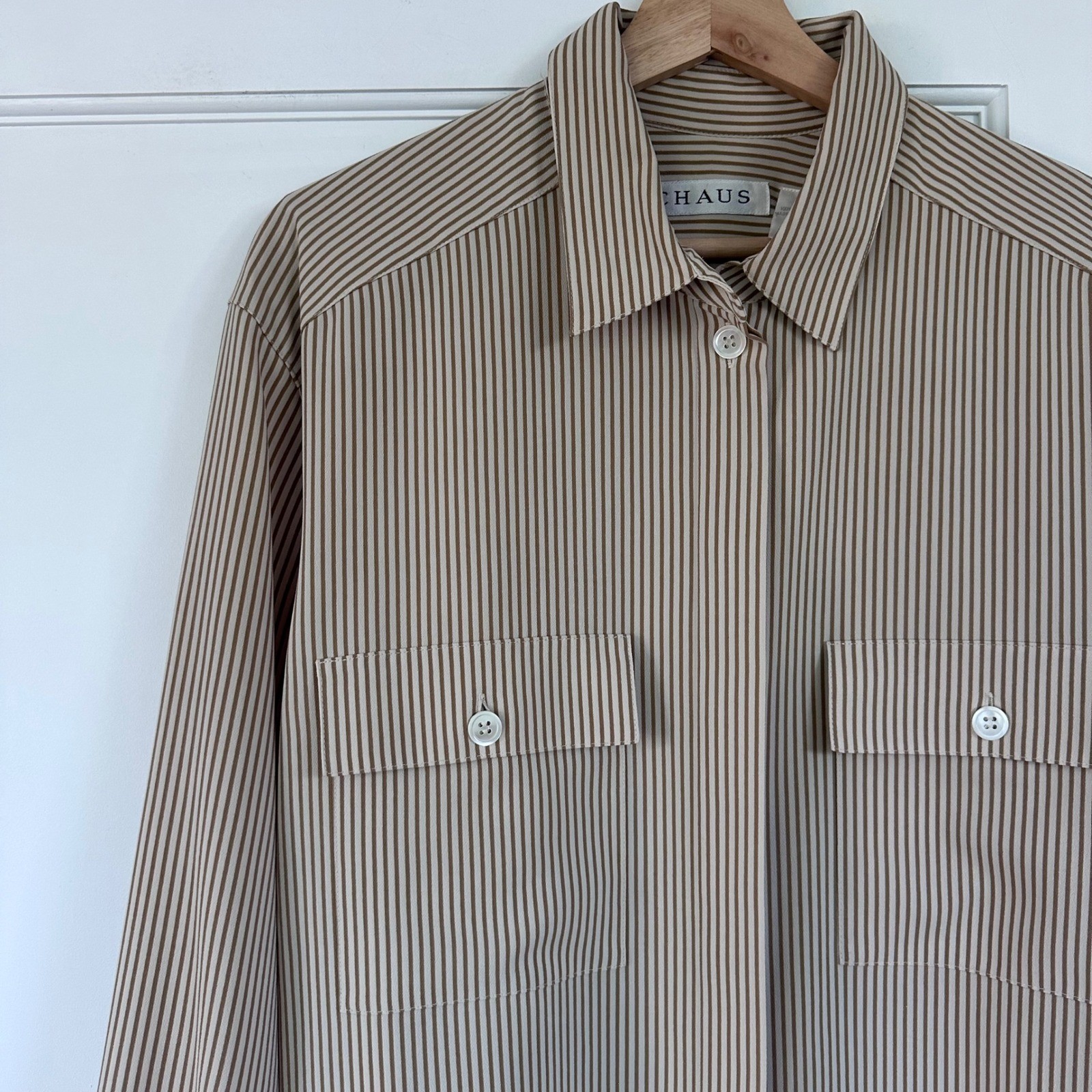 Vintage Chaus Striped Utility Blouse Womens 16 Taupe Cream Button Up Minimalist