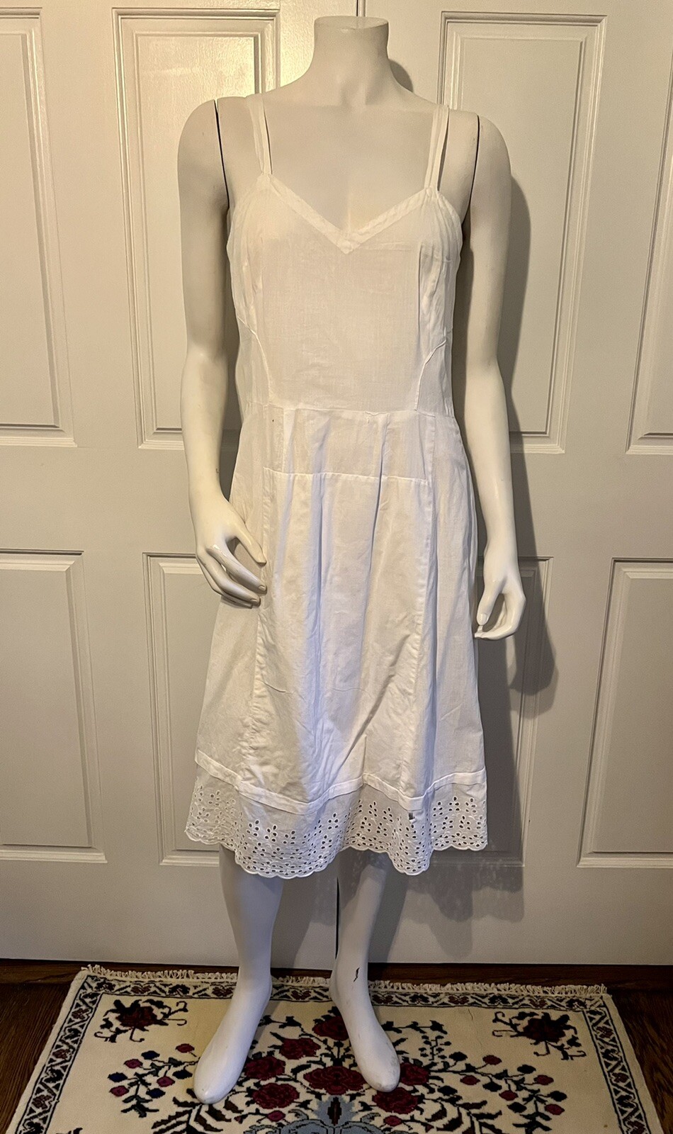 Vintage Antique Handmade White Cotton Slip Nightgown Undergarment Eyelet Hem M