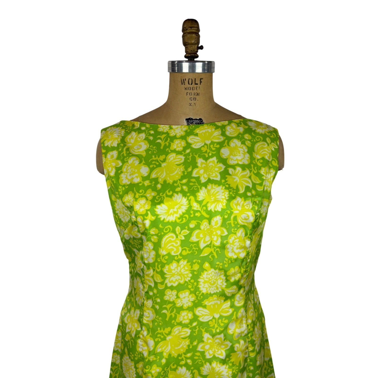Vintage 60s Floral Dress Womens Medium Lime Green Yellow Mini Sheath Retro