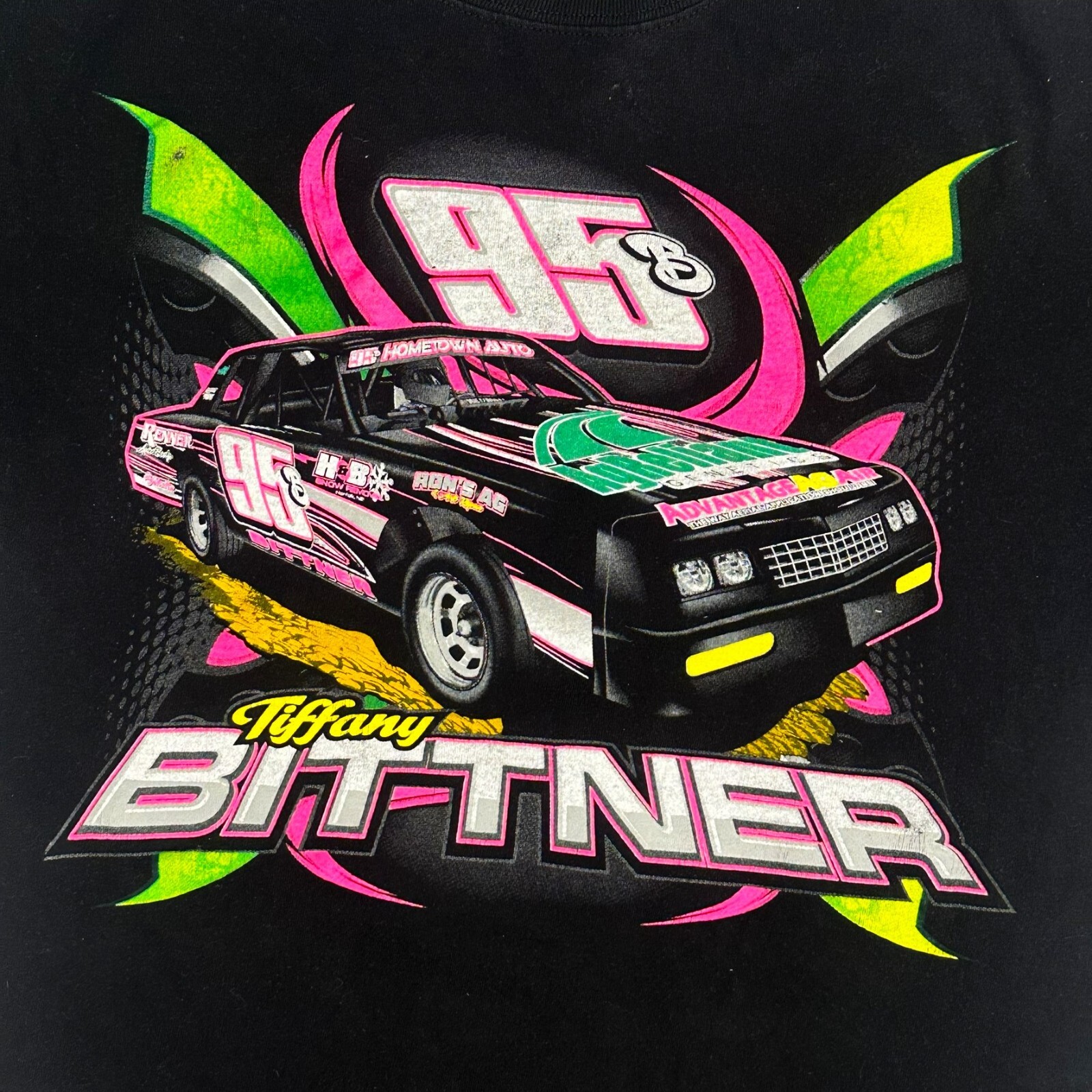 VTG IMCA Stock Car Women M Black Double Sided Neon Graphic Racing Shirt