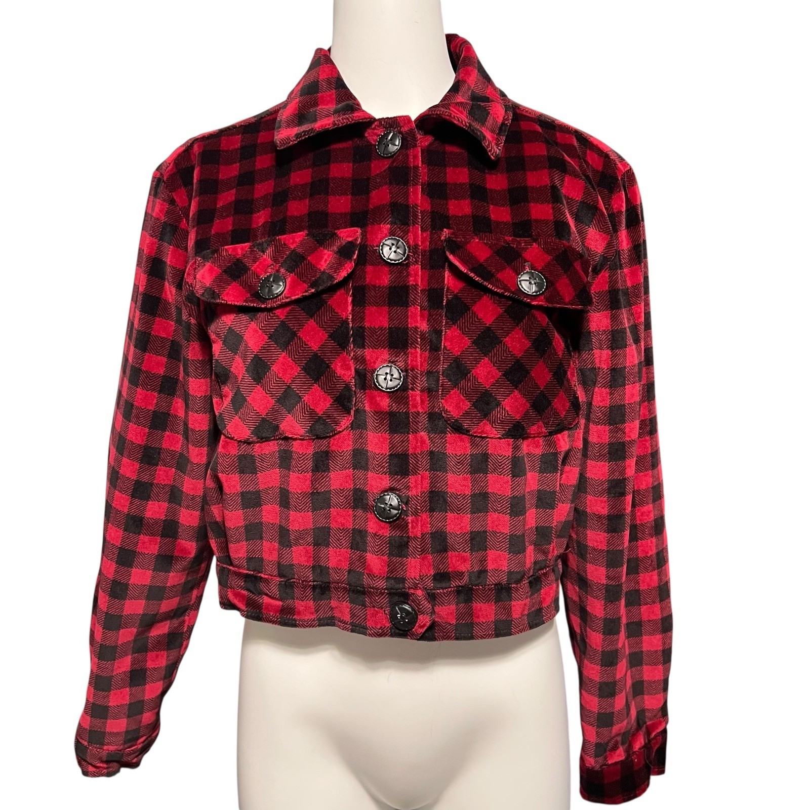 Vtg Bushwacker Cropped Velour Jacket Womens S Red Black Check Plaid USA Made