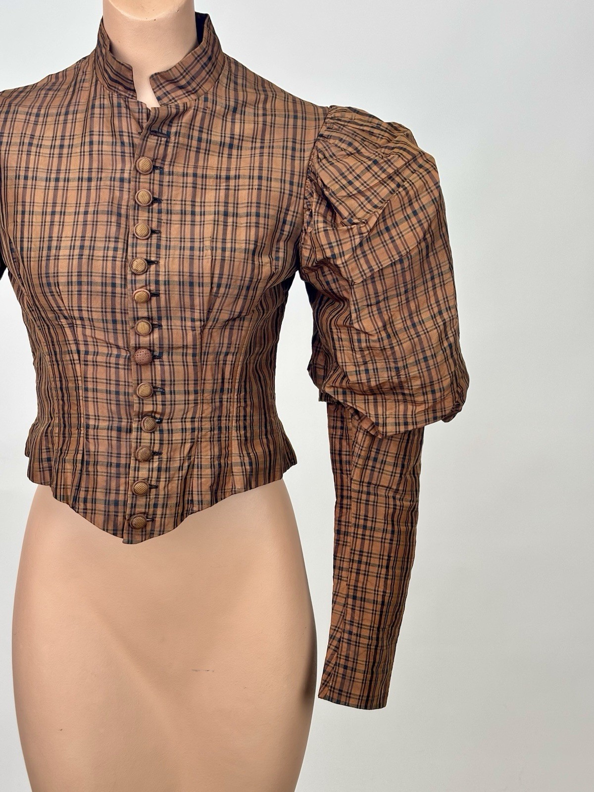Antique Victorian 1890 Jacket Bodice Leg of Mutton Sleeve Brown Black Plaid Silk