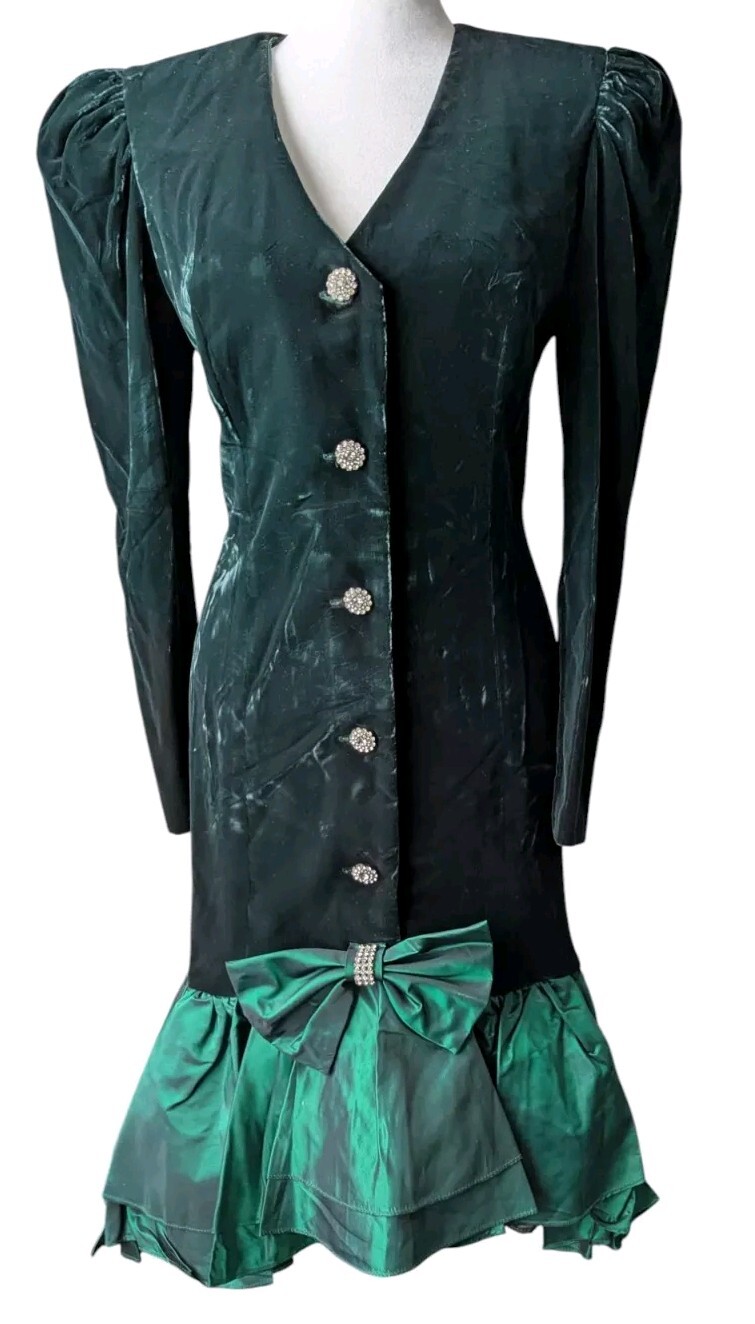 Vtg 80s En Francais Huey Waltzer Emerald Velvet Taffeta Dress Rhinestone Peplum