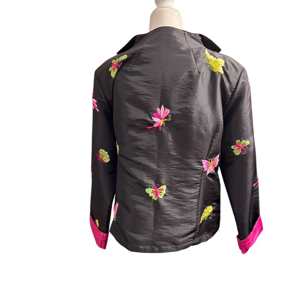Vintage Black Silk Butterfly Embroidered Asian Style Jacket Hot Pink Trim sm/med