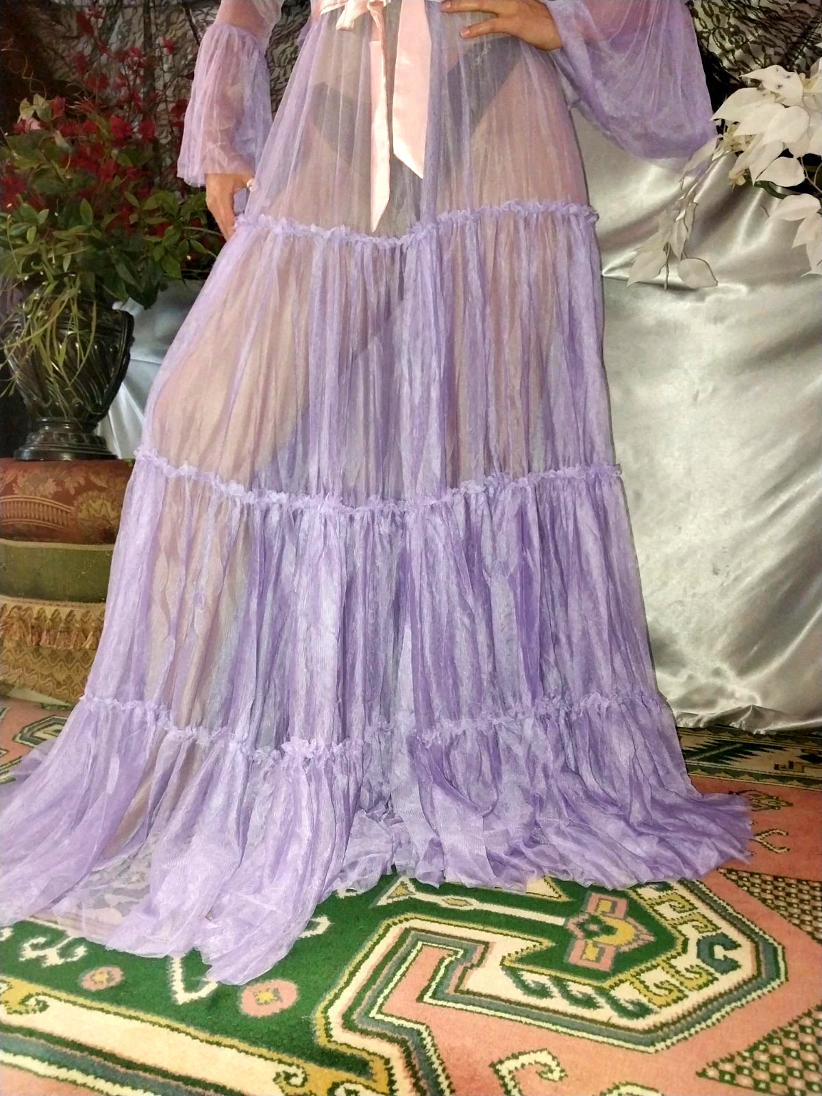 VTG SILKY PURPLE SHEER LAYERS BELL SWEEP NEGLIGEE NIGHTGOWN SISSY 48 OSFM