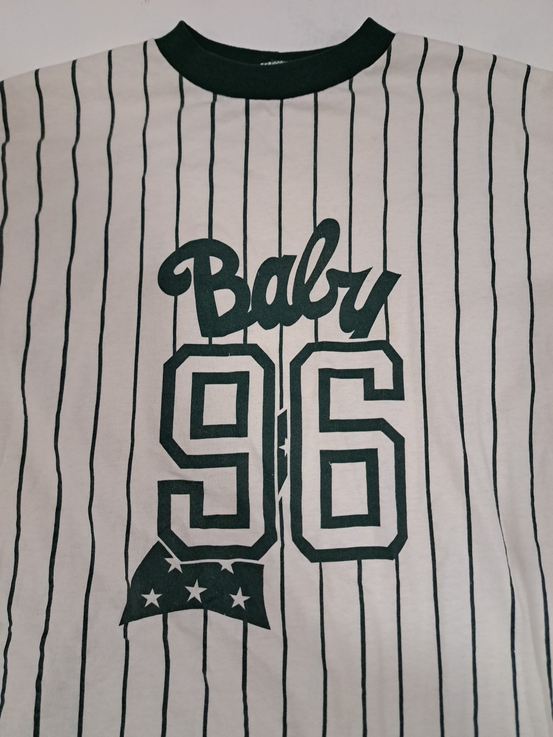 Vtg 90s Baseball T Shirt Tee Baby ’96 Green Stripes Maternity 3/4 Sleeve L/XL