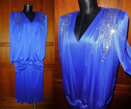 Vtg 80s Royal blue DECO silky Jersey Glitter Cocktail Gatsby party DRESS sz 12 L