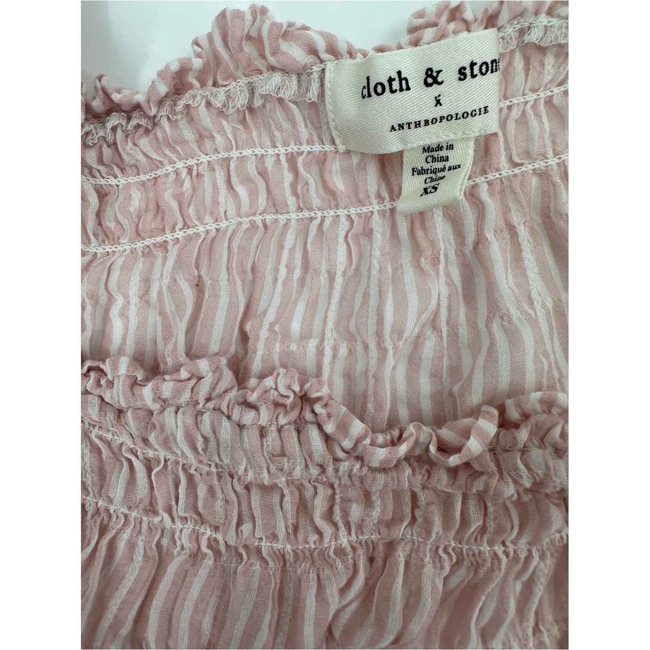 Anthropologie Cloth & Stone Pink Stripe Smocked CottageCore Coquette Sz XS 1284