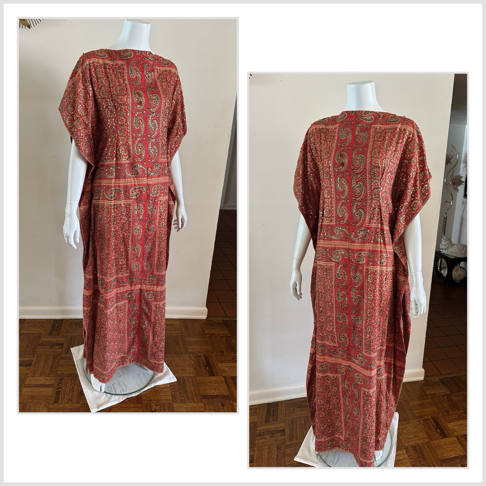 1960s Tipicano Sequined Caftan Hostess Dress Maxi Tunic Resort Sparkle 70s VTG