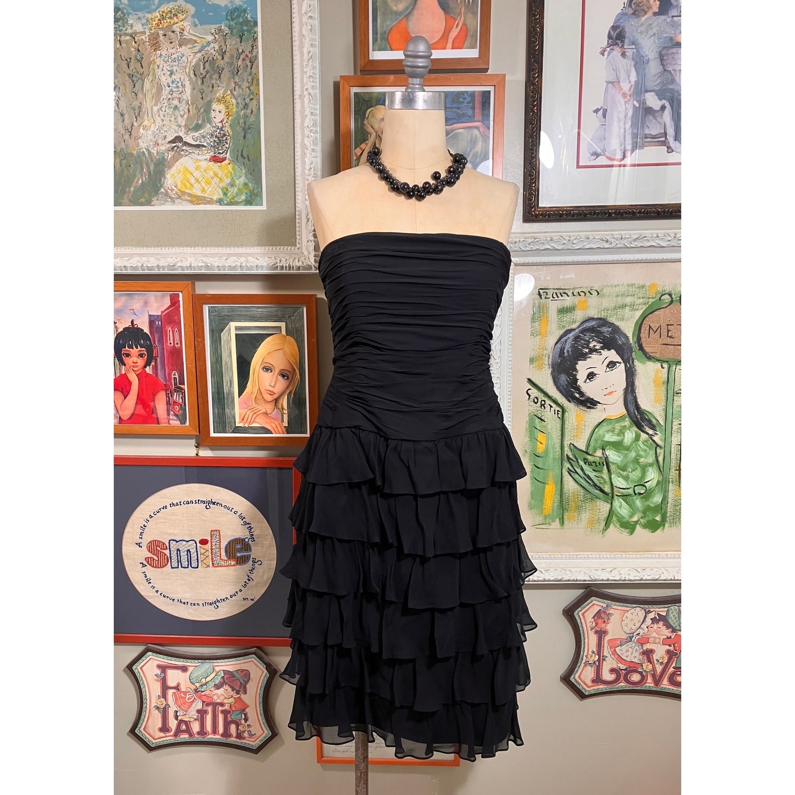 Vintage 1980s Kay Unger New York Silk Strapless Dress Ruffled Layered LBD