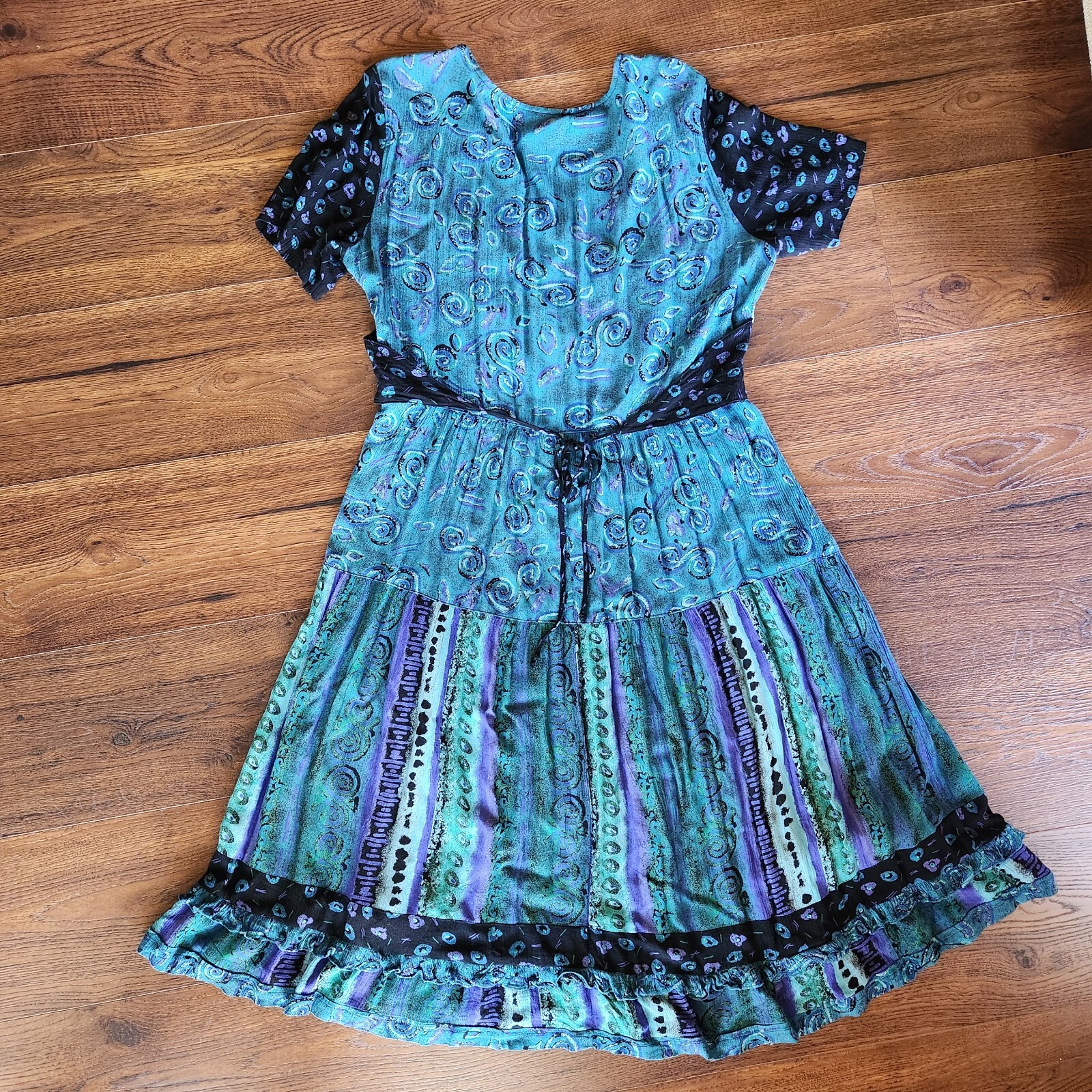 Carol Little Vintage 90s Blues Purple Black Bohemian Dress Short sleeve Size 14