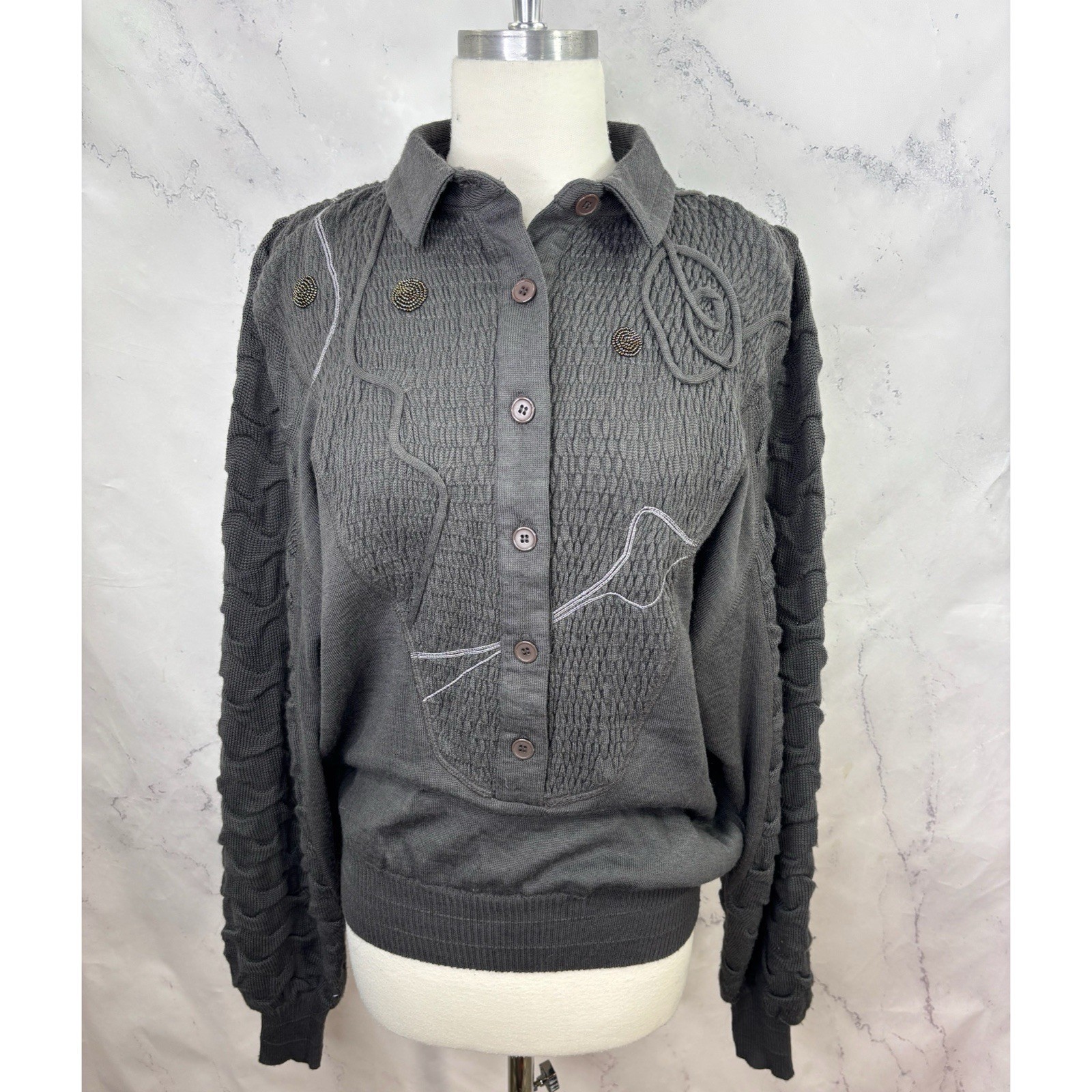 Vintage 80s MARC D’ALCY Paris Henley Sweater Gray Dolman Sleeves Wool Retro sz S