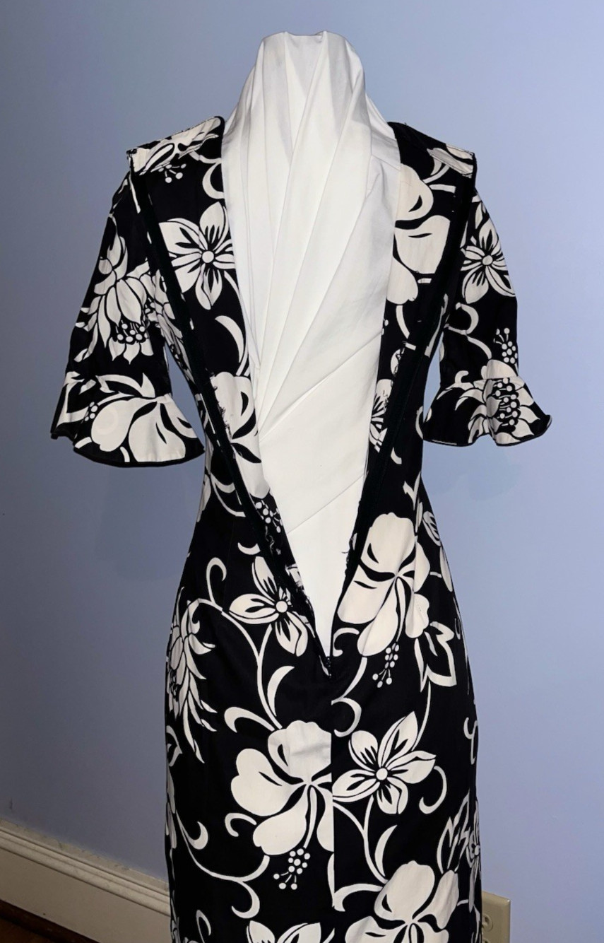 Vintage Hawaiian Maxi Hostess Dress Hibiscus Black White Mermaid Fishtail Hem