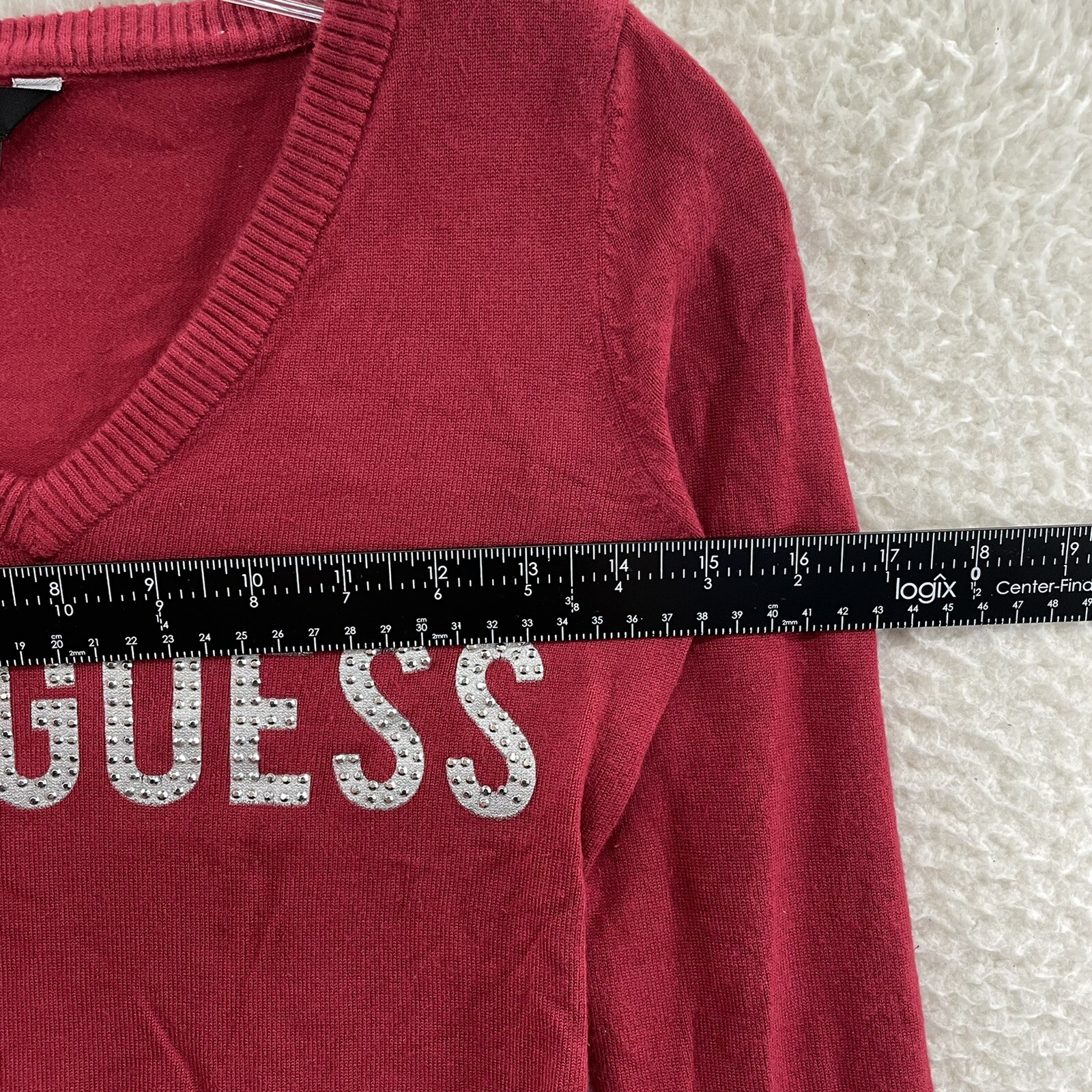 Y2K Vintage Guess Top XS Small Red Studded Logo Spellout Long Sleeve McBling