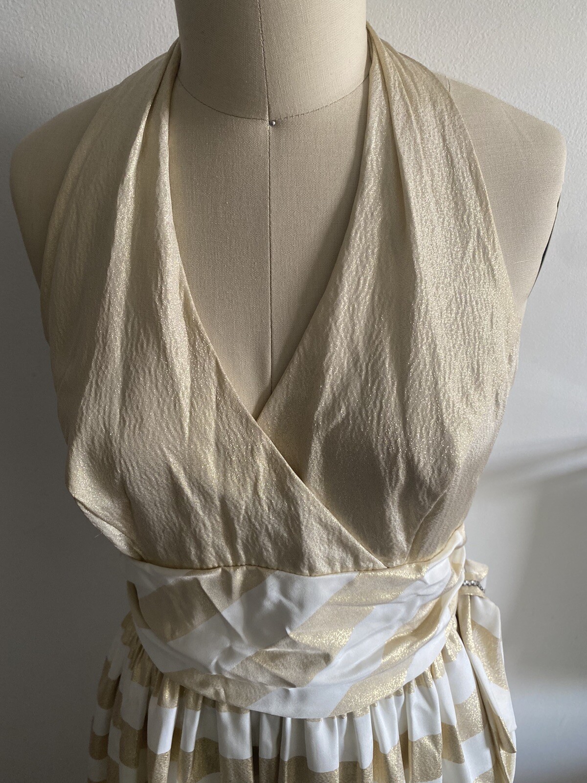 Vintage Niki Originals Halter Dress Prom White & Gold Metallic Union Label SZ 14