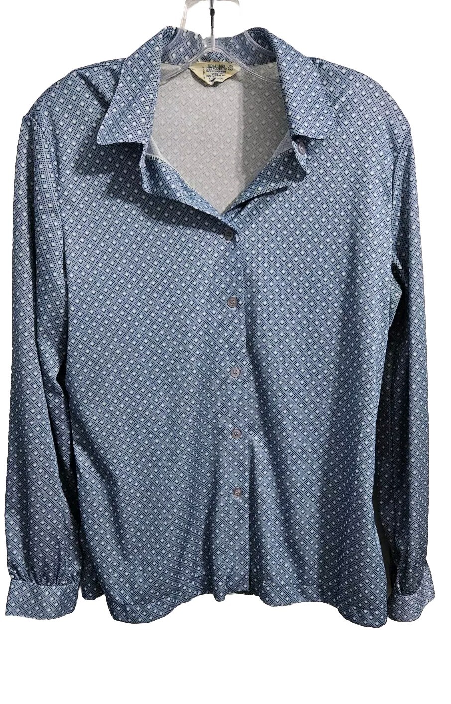 VTG 70s Sears Medium Geek Secretary Button Up Blouse Blue Geometric Print