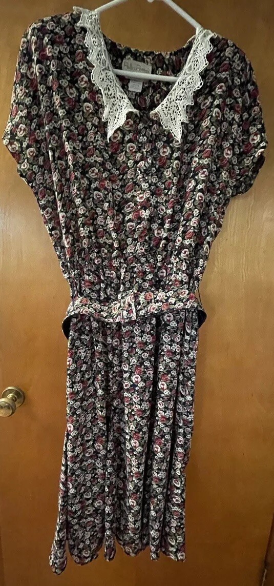 Pellini Petite By Von Bramlett Vintage Belted Dress Rose Pattern Lace Collar 12p