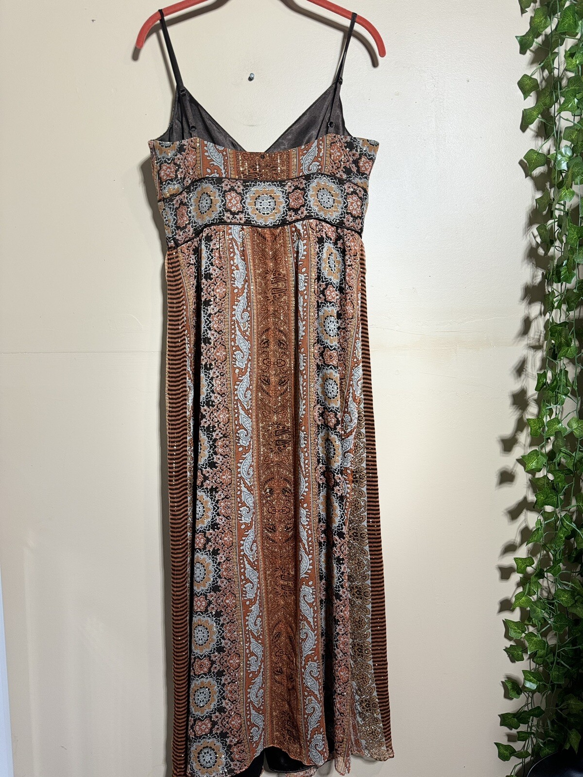 VTG Spenser Jeremy Beaded Metallic 98% Silk Sun Dress Empire Waist Brown Sz 10