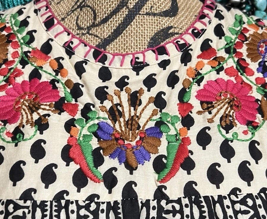 Beautiful “Sister Mary” Black And White Floral Multi Color Embroidery Oaxacan ML