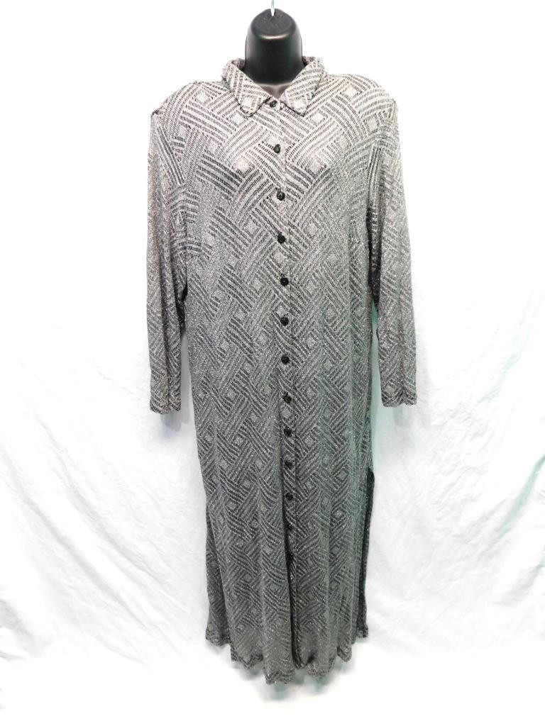 Vintage SL Fashions 18W XL Silver Sparkle Knit Maxi Dress Button Front Unlined