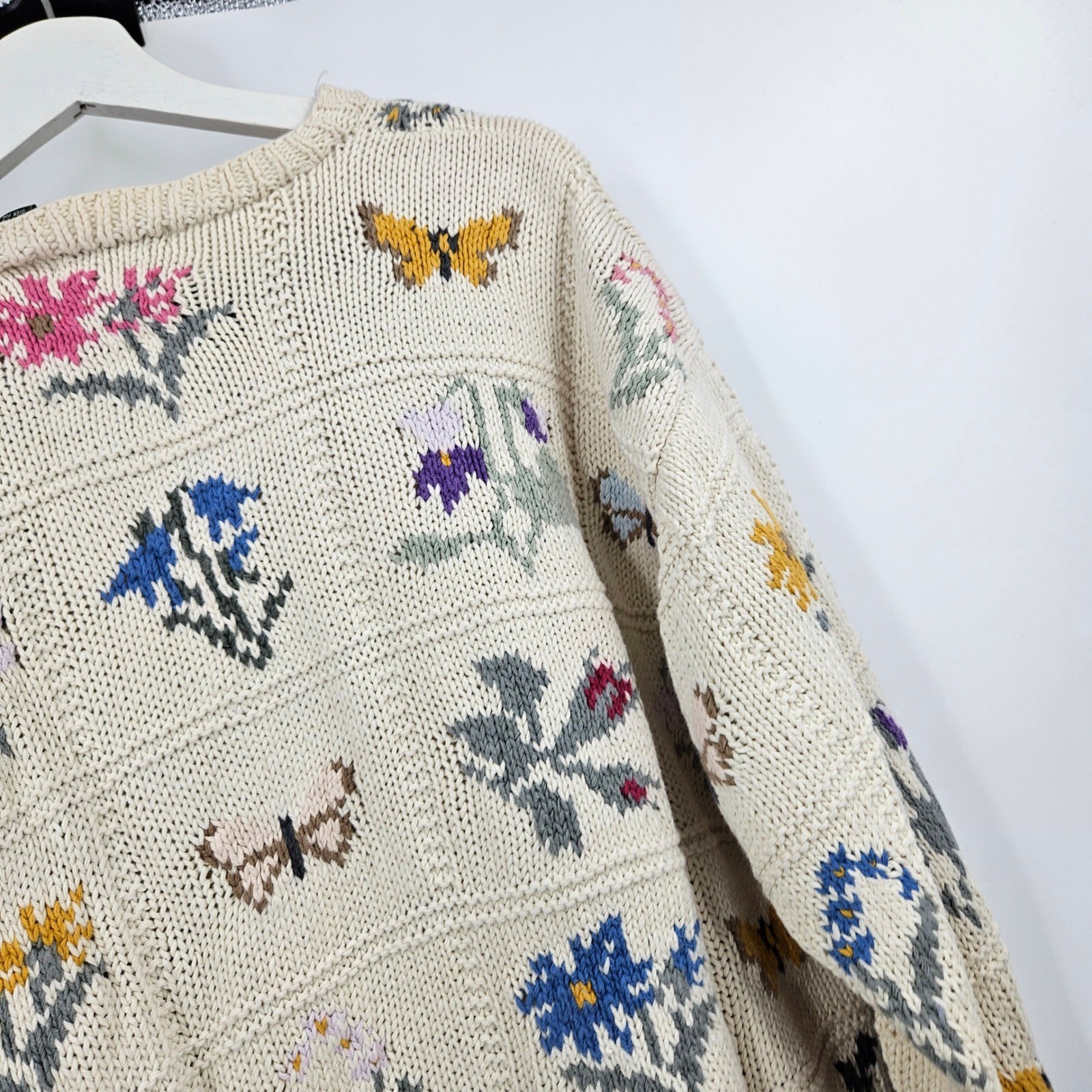 Vintage y2k Outback Red Grandma Sweater Cream Butterfly Floral Knit Pullover M