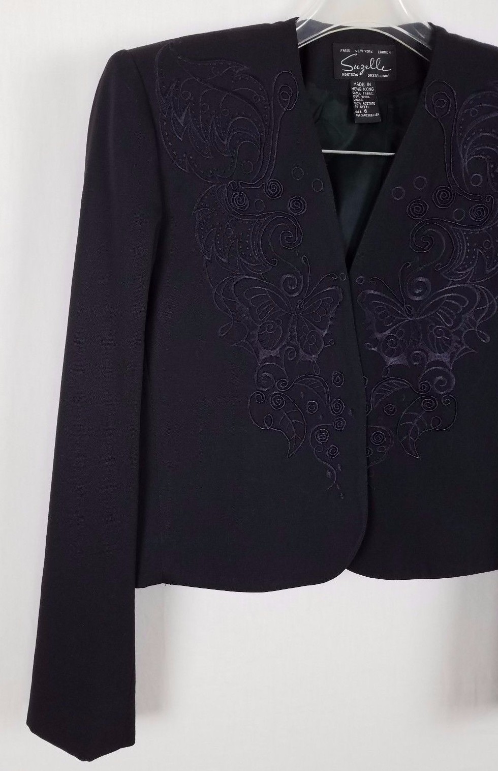 SUZELLE black vintage Jacket Embroidered Butterflies and Leaves size 6