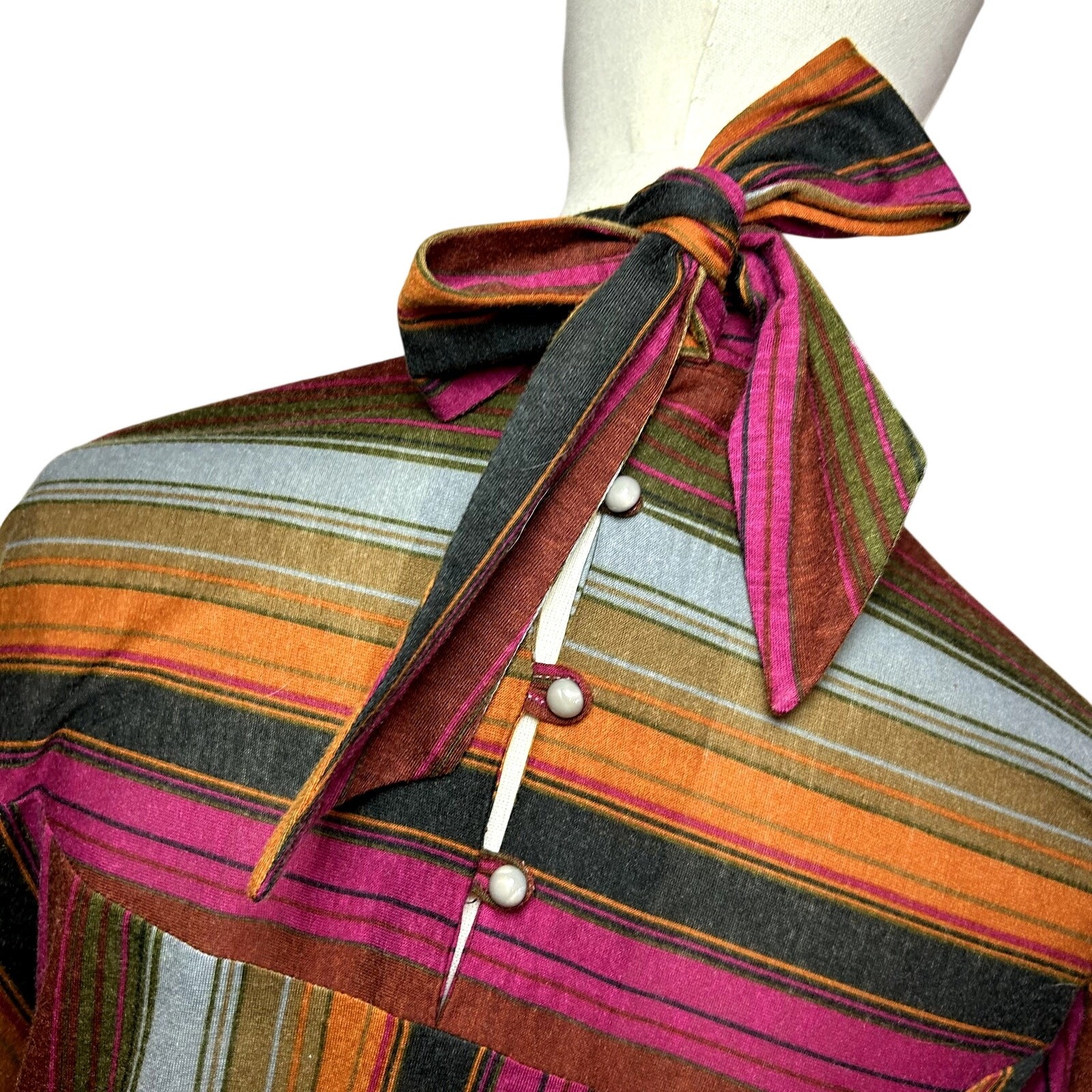 VTG 70s Knit Turtleneck Midi Dress L Pussy Bow Multicolor Bespoke Retro Twee