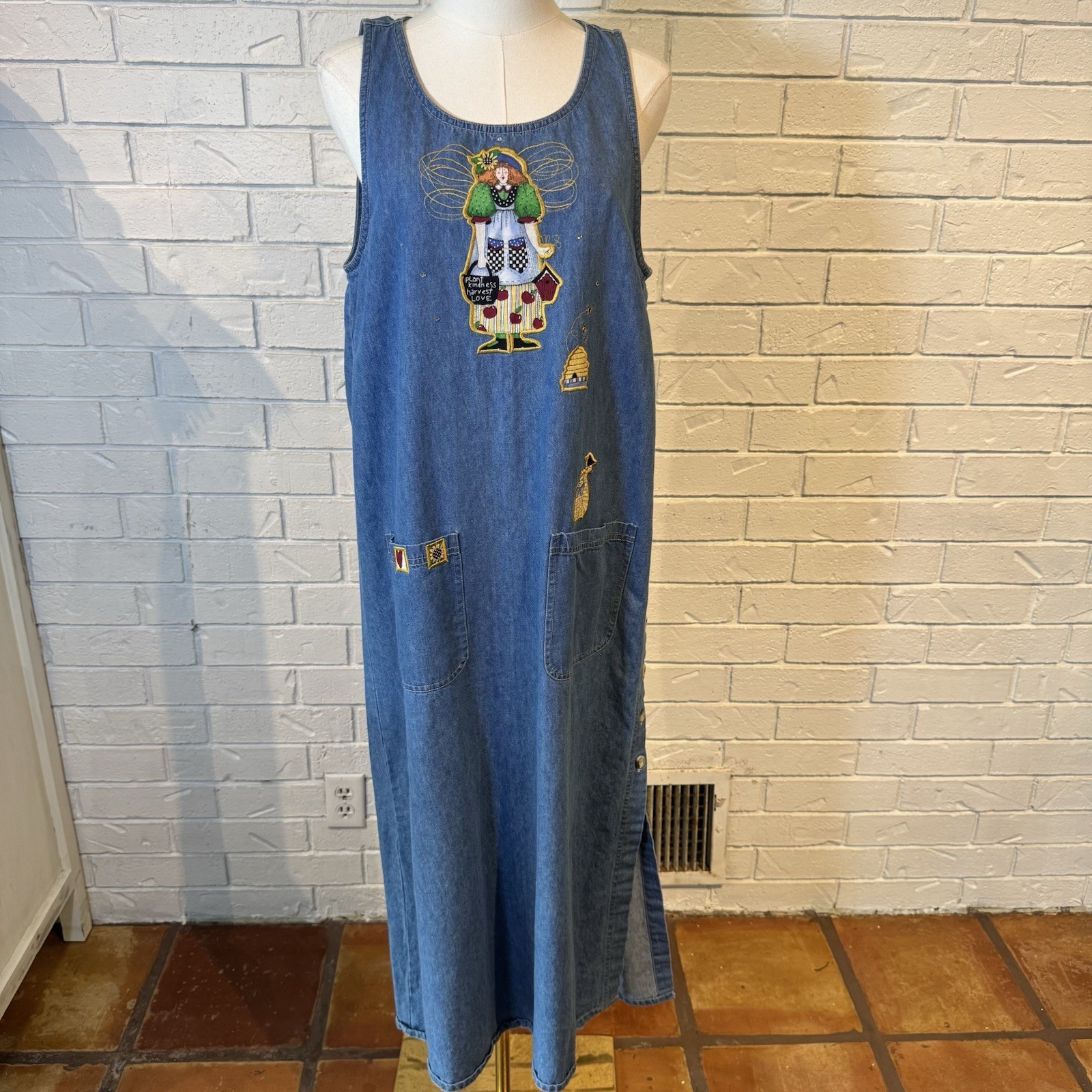 Vintage 90s The Quacker Factory Embroidered Appliqué Denim Pinafore Dress M