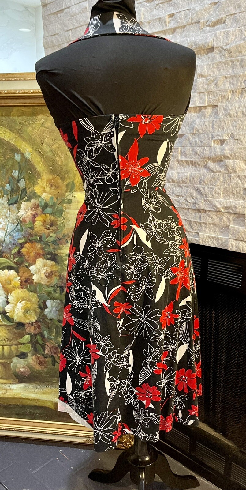 Vintage ALYN PAIGE Y2K Floral Halter Collar Swing Dress Backless Size 5/6 Hawian