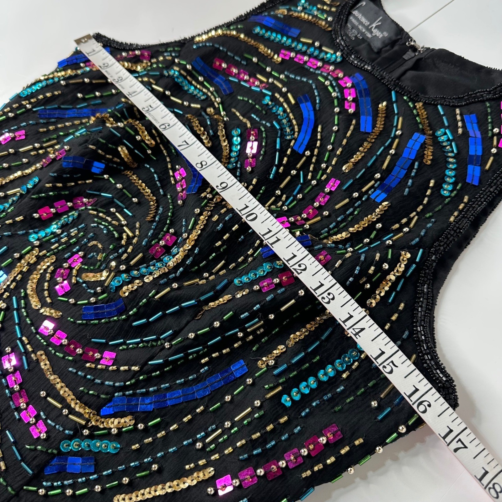 Laurence Kazar Black Silk Beaded Sequin Swirl Sleeveless Top Vintage Glam Sz M