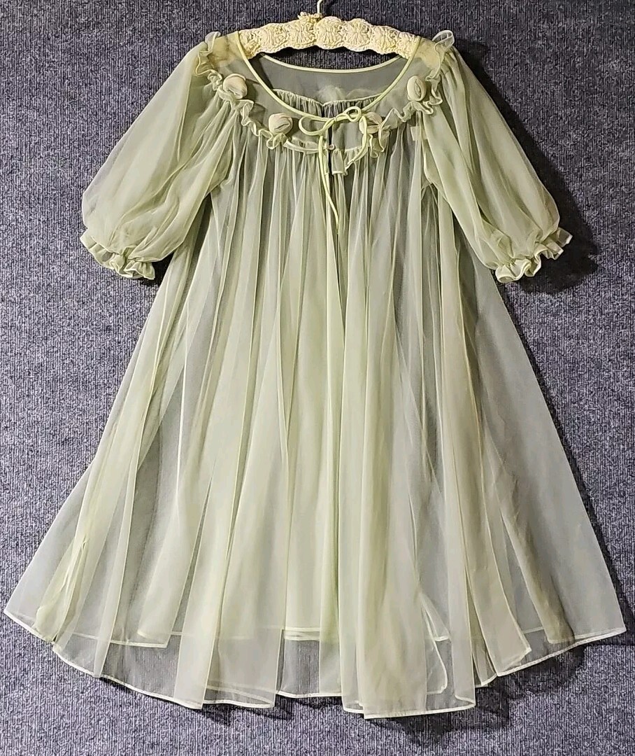 Vintage 1960s Lisette Al Sterling Chiffon Peignoir Set Green Full Sweep Small