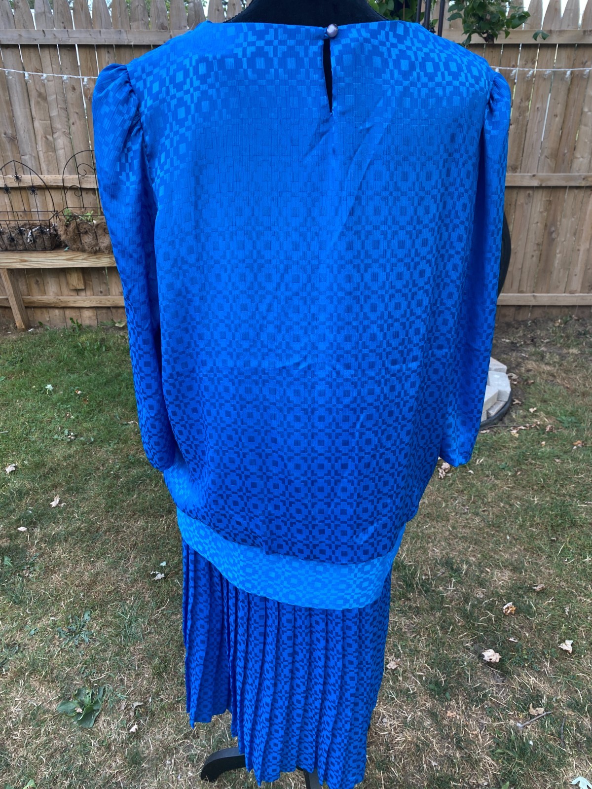 Vintage Lady Carol of New York Blue Dress Drop waist Pleated Skirt XL 70s