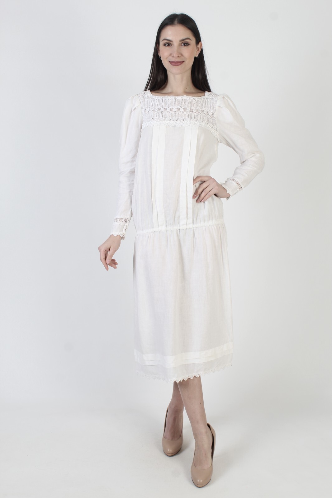 Jessica McClintock White Cotton Dress Drop Waist Victorian Deco Lawn Vtg Midi