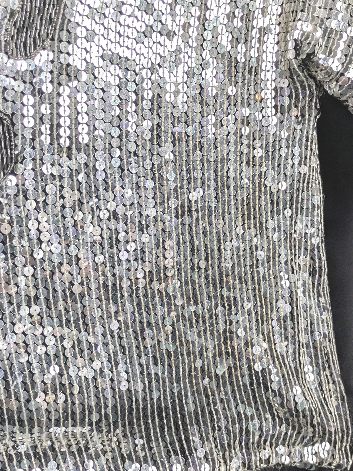 M L JUDITH ANN CREATIONS SILK SHIMMERY BLACK SILVER BEADED SEQUINS TOP VINTAGE