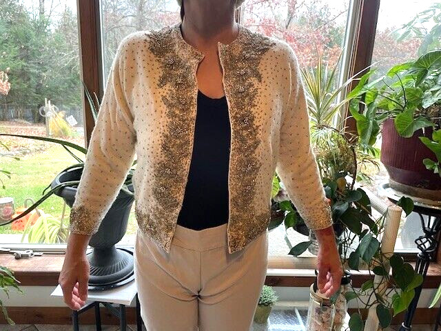 Exquisite Ivory vintage Cardigan sweater with dazzling gold and silver beading.
