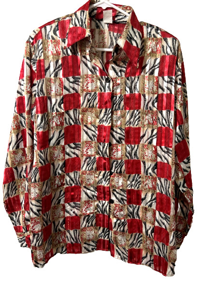 Vintage Mesmerize Sheer Button-Up Blouse Red Zebra Gold Long Sleeve Medium