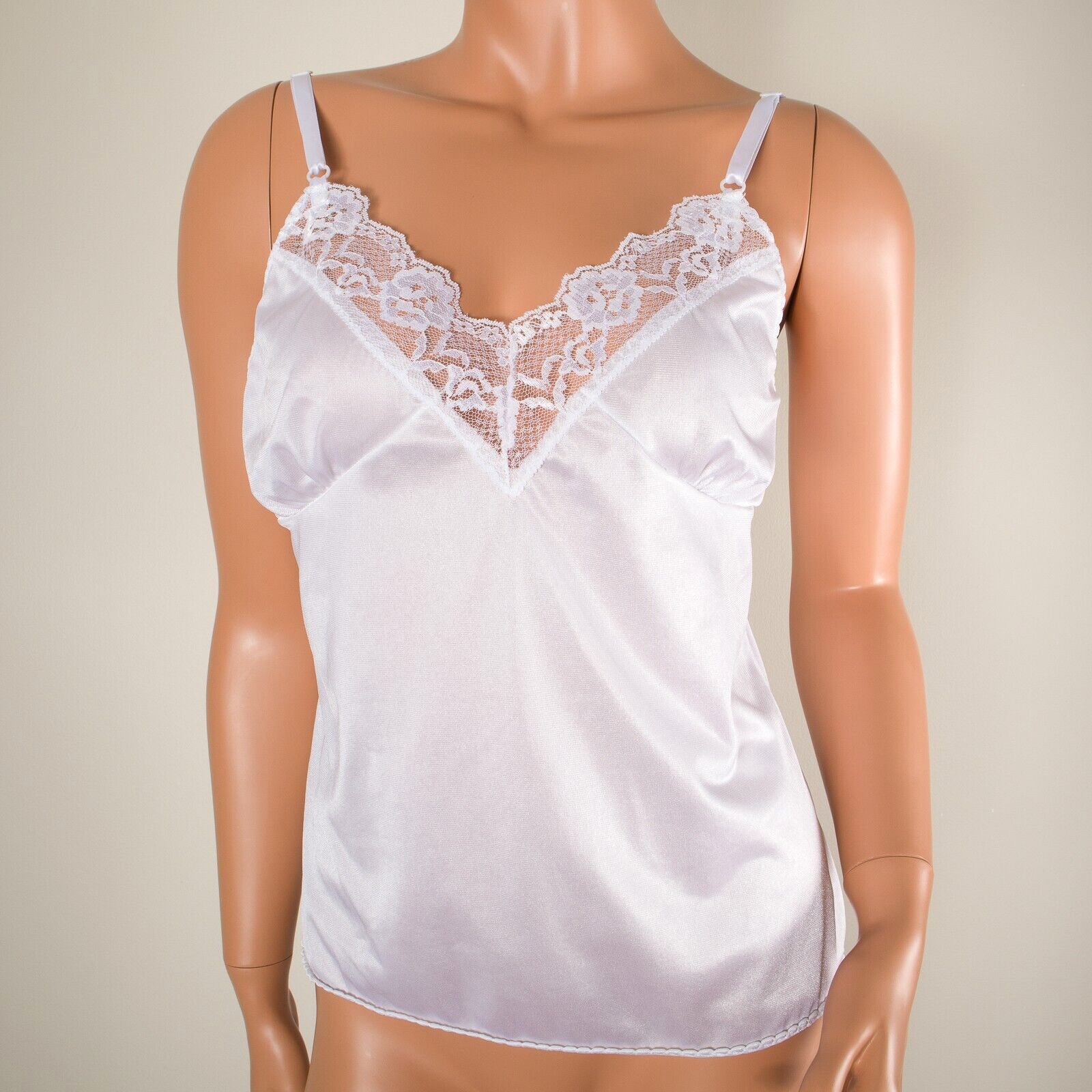 💖 Women White Cami Tank Top Nightie Nylon Adjustable Strap V-Neck Lace Trim S