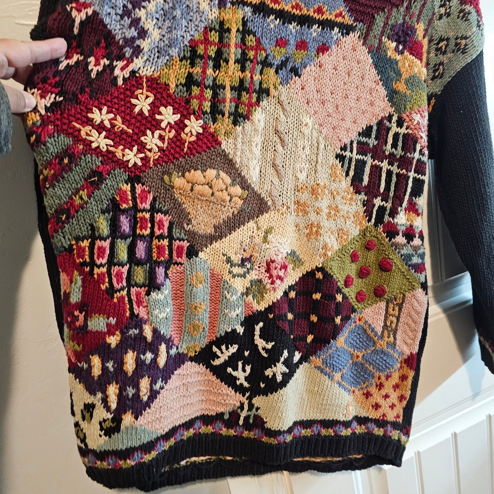 Vintage Tiara Sweater Womens Med Black Knit Floral Patchwork Cottage Grandmacore