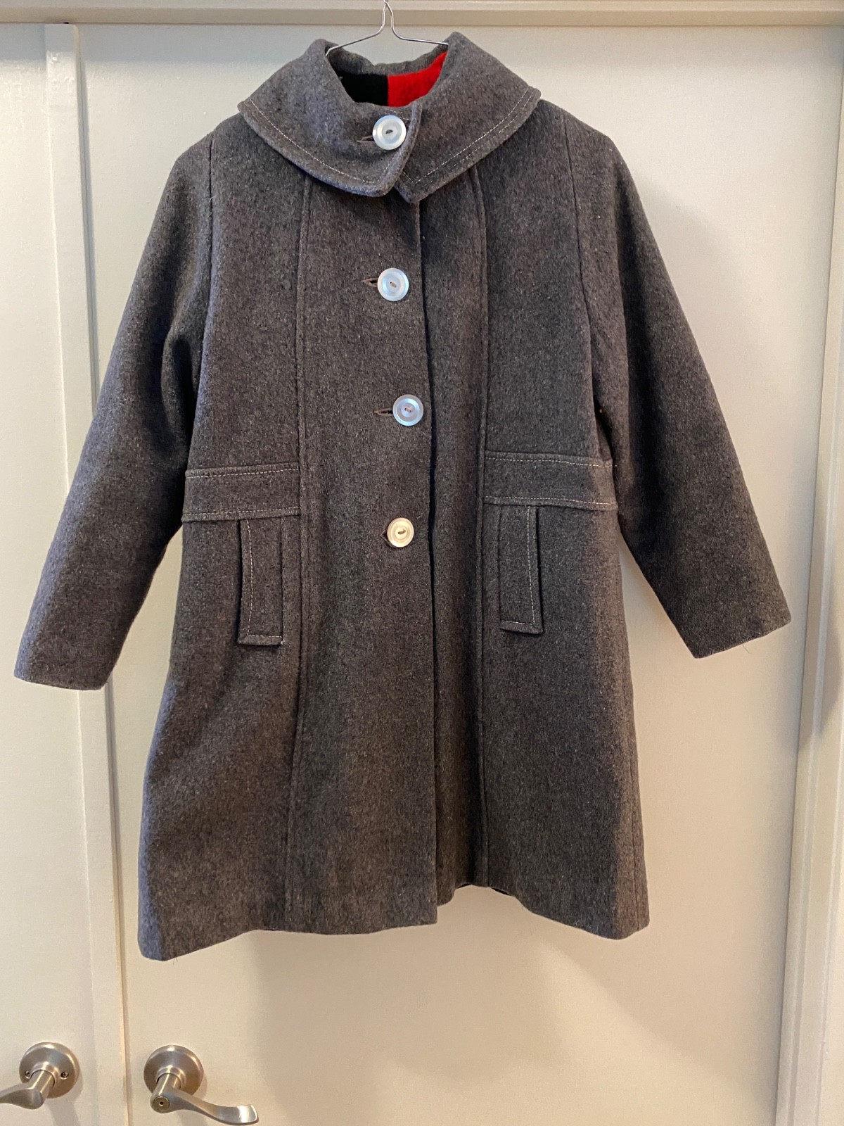 Antique VTG 1940S Gray Wall, Pea Coat Red & Black Block Interior Button Pockets