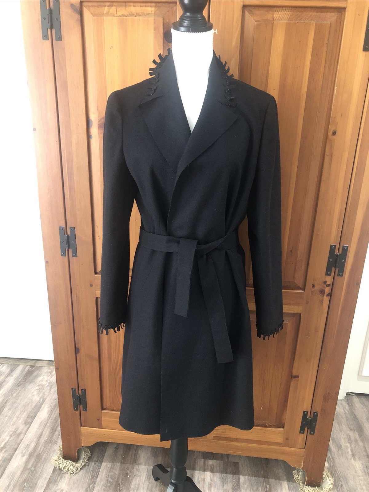 Valentino Miss V Vintage 80s Black Wool Felt Wrap Fringed Beaded Coat size 44 10