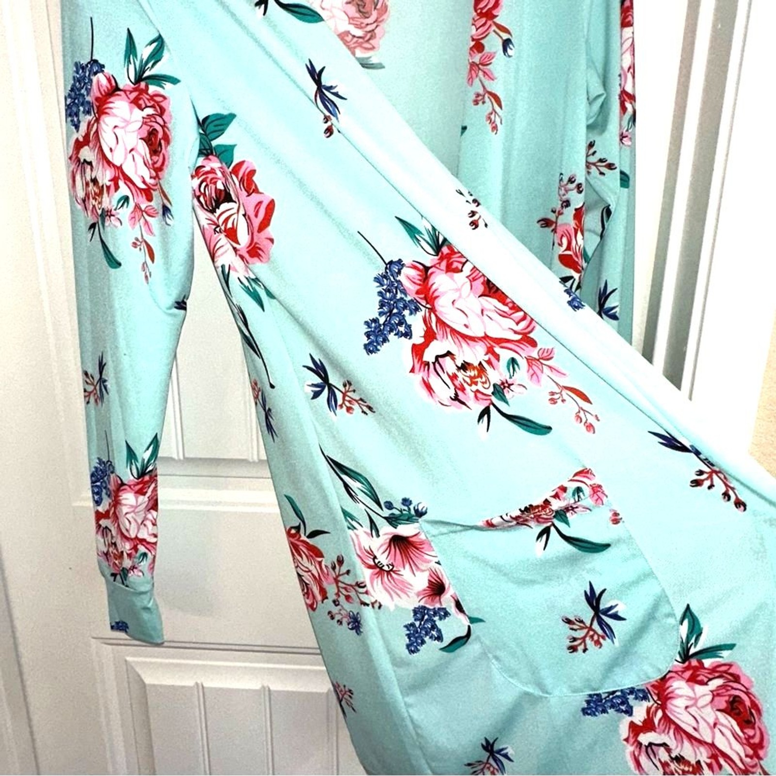 Tickled Teal floral open front cardigan with pockets women XL